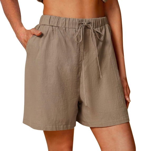 keusn women casual solid high waist cotton and linen shorts drawstring comfy elastic waist shorts summer pull on shorts with pockets brown m