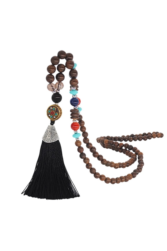 women's bohemian pendant tassel sweater chain hand-made wooden bead necklace