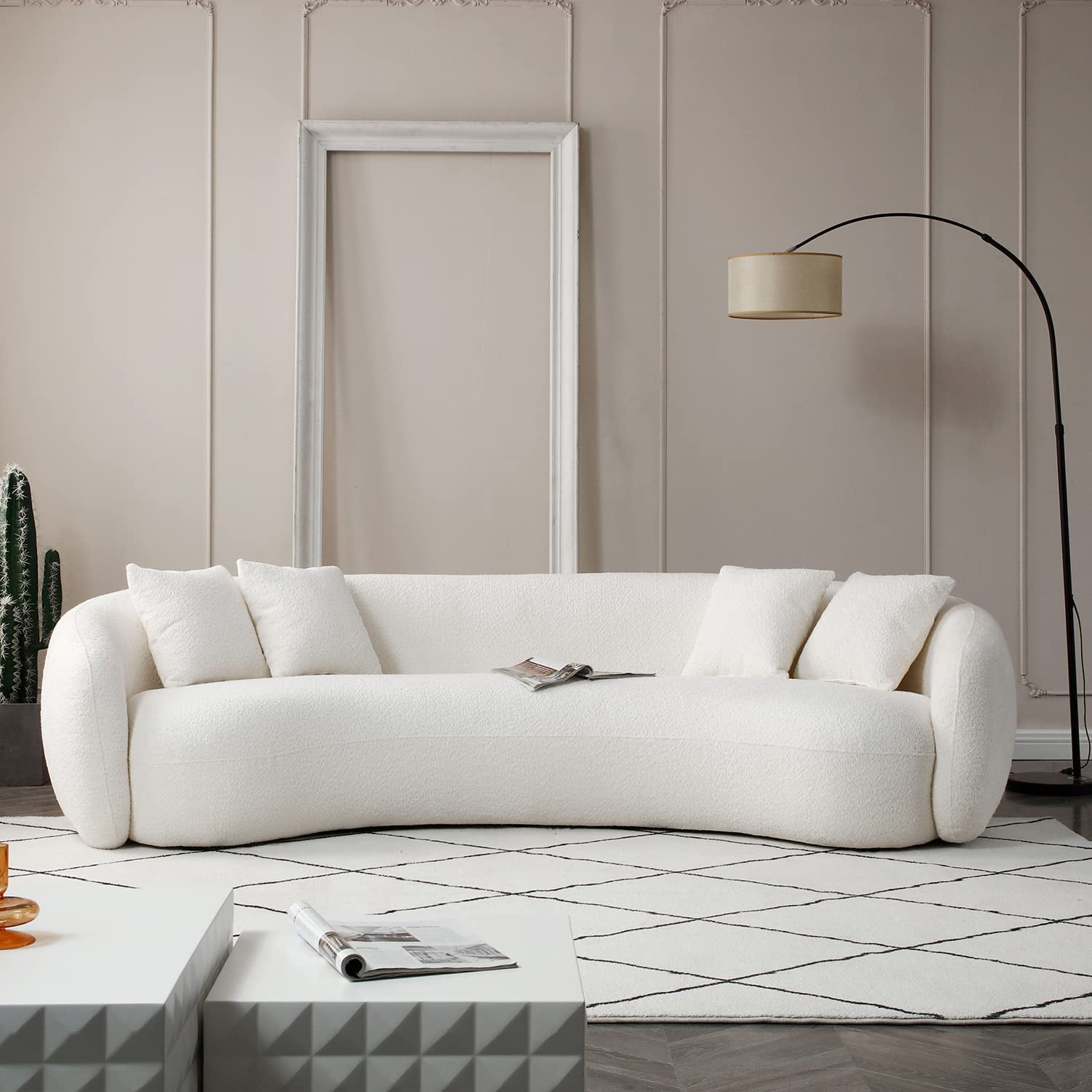 kevinplus 101'' Boucle Curved Sofa Couch for Living Room, Modern Mid-Century Cloud Upholstered Sofa Contemporary Living Room Sofa for Home Apartment Office Studio, 4 Pillows