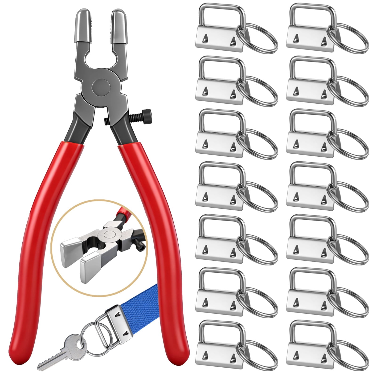 61 Pcs Keychain Hardware Set with Key Fob Pliers Tool, Includes 60 Metal Key Fob Clips with Attached Key Rings, Heavy Duty Wristlet Making Supplies for Wristlet, Lanyard, Chain