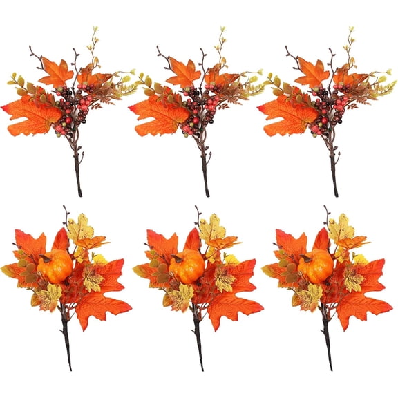 keyasia 6Pcs Fall Floral Picks, Thanksgiving Table Flower Decor Fall Maple Leaves Branches with Pumpkins Berries Decor Fall Silk Leaves Branches for Harvest Autumn Thanksgiving