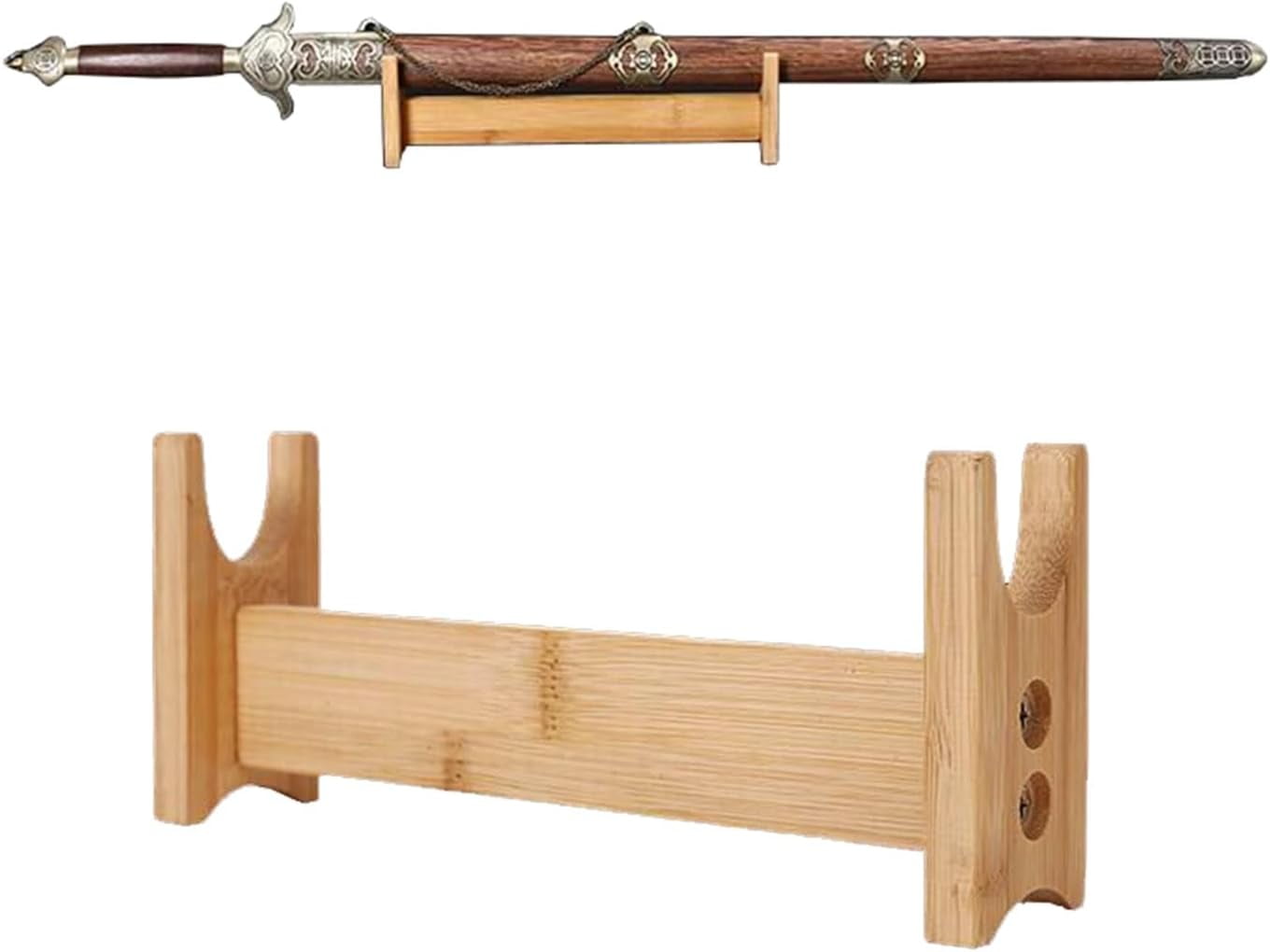 Mythrojan Medieval Sword Stand Solid Wood Horizontal Display Rack for Katana, Samurai, Gladiator, Crusader Swords Elegant Tabletop Holder, 1-Tier - Dark Brown