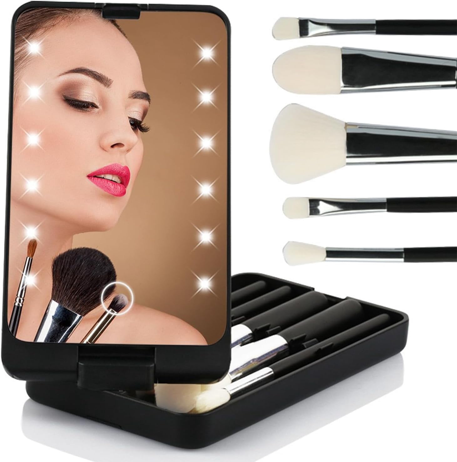 keyasia Travel Makeup Mirror Compact Mirror: Ultra Portable Folding Mirror With Light and Brush for Purses and Travel (Black)