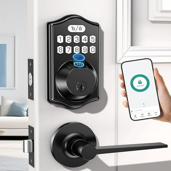 keyless Entry Door Lock deadbolt with Handle Set- Front Door Fingerprint Smart Locks with 2 Lever Handles-Keypad Code Deadbolt -App Control,Auto Lock,Easy to Install