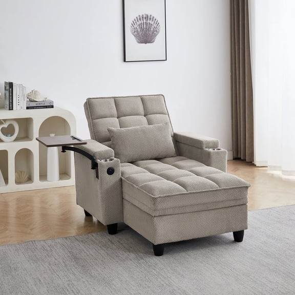 khaki Chaise Lounge Sofa Bed, Sleeper Chair with 6 Position Adjustable Backrest USB Ports Cup Holder and Swivel Side Table, Comfy Small Space Couch for Living Room