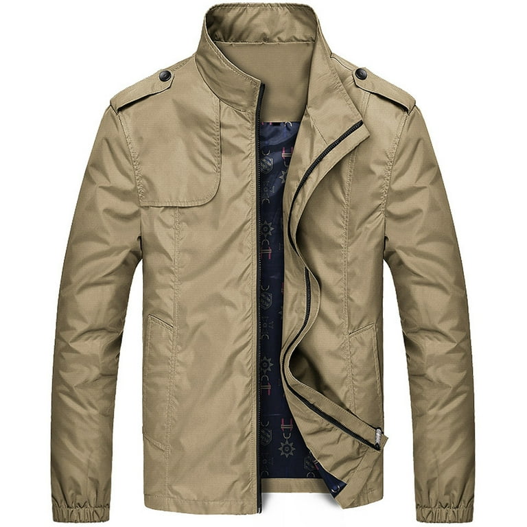khaki jackets for men men s autumn winter casual zipper stand collar pocket pure color jacket coat Walmart