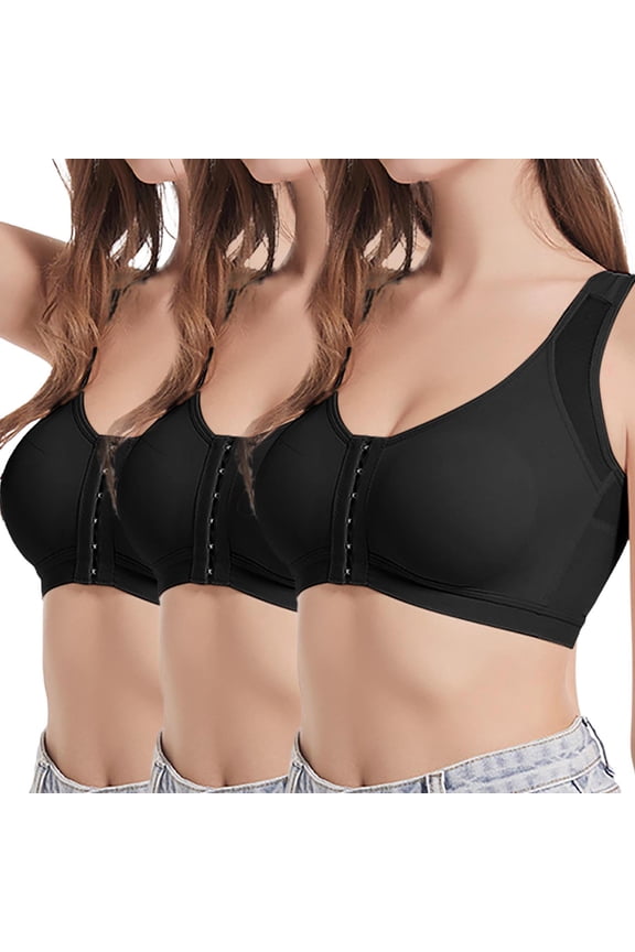 3PC Posture Corrector Push up Bras for Women Front Closure for Augmentation & Close Fitting Black L
