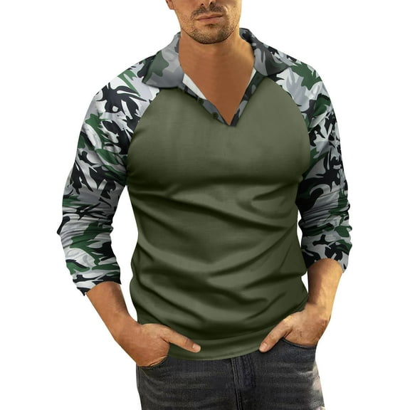 khonts Clearance,Men's Camo Printed Splicing Design Polo Shirts Button up Long Sleeve Oversized Tops V-Neck Loose Fit Causal T Shirts White M