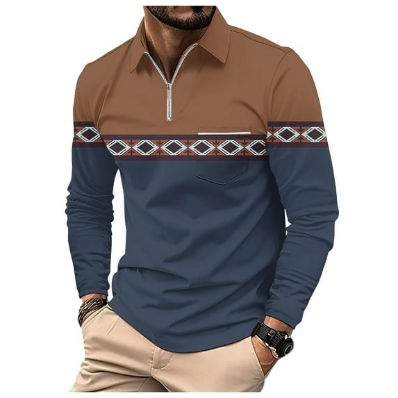 khonts Clearance,Men's Color Blocking Quarter Zip Graphic Printed Polo Shirts Oversized Long Sleeve Casual Tops Loose Fit Trendy V-Neck T Shirts with Pocket Navy XL