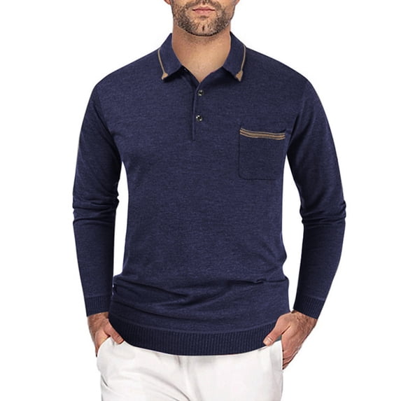 khonts Clearance,Men's Oversized Knitted Button up Polo Shirts Long Sleeve Casual Soft Tops Fashion Comfortable V-Neck T Shirts Navy XL