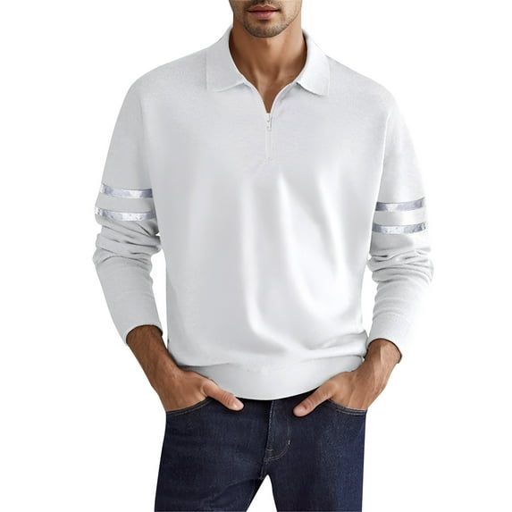 khonts Clearance,Men's Quarter Zip Arm 2-Stripped Printed Polo Shirts Oversized Loose Fit Long Sleeve Tops Causal Stylish V-Neck T Shirts White XXXL