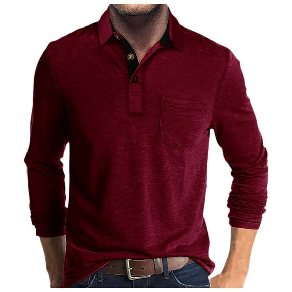 khonts Clearance,Men's Solid Color Button up Golf Polo Shirts Oversized Long Sleeve Tops V-Neck Loose Fit Casual T Shirts with Pocket S