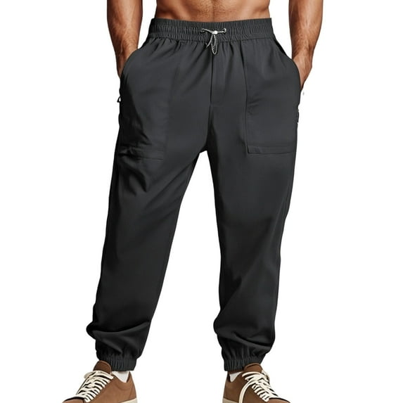 khonts Clearance,Men's Solid Color Elastic Waist Drawstring Casual Pants Loose Fit Outdoor Trousers Workout Lightweight Walking Joggers with Multiple Pockets Black XXXXXL
