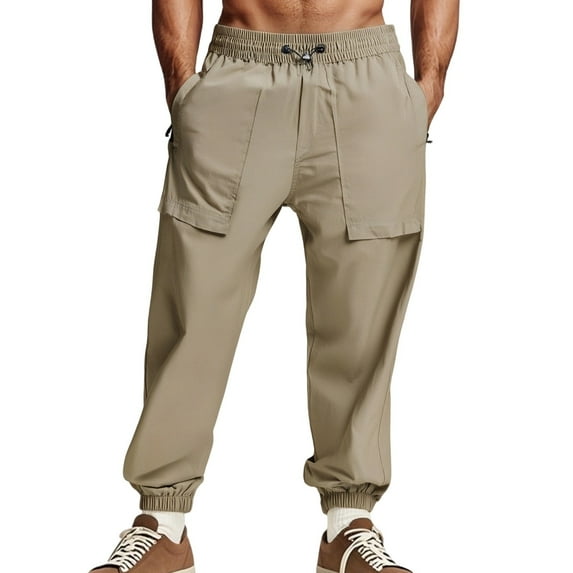 khonts Clearance,Men's Solid Color Elastic Waist Drawstring Casual Pants Loose Fit Outdoor Trousers Workout Lightweight Walking Joggers with Multiple Pockets Khaki XL