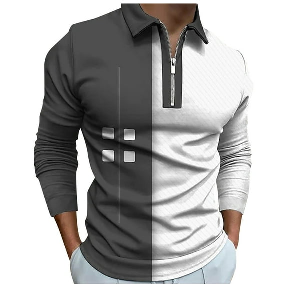 khonts Clearance,Men's Stripped Graphic Printed Splicing Quarter Zip Polo Shirts Long Sleeve Loose Fit Oversized Tops V-Neck Fashion Casual T Shirts Dark Gray M