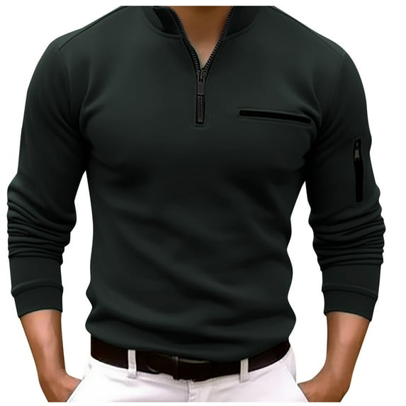 khonts Clearance,Men's White Quarter Zip Long Sleeve Polo Shirts Slim Fit Oversized Casual Tops Fall V-Neck Fashion T Shirts with Pocket Black XXXL