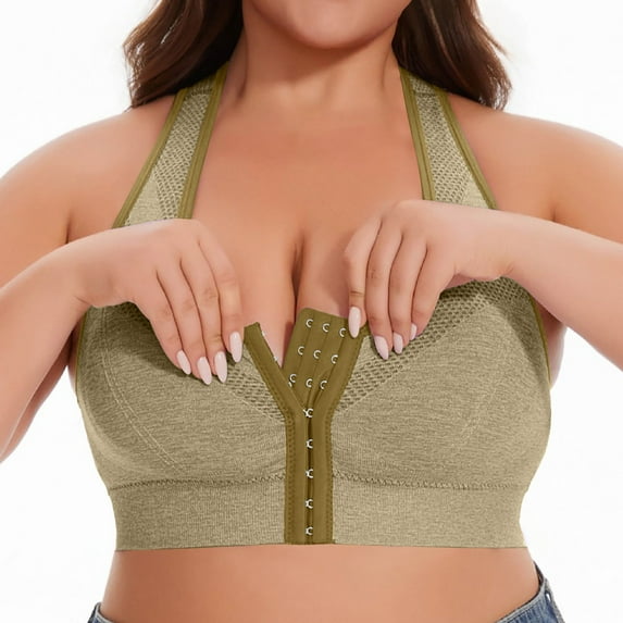 khonts Mastectomy Compression Posture Correction Bras for Women Plus Size Front Closure Supportive Lifting Bra Wireless Bralettes Army Green XL