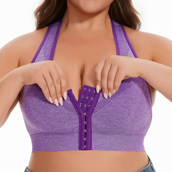 khonts Mastectomy Compression Posture Correction Bras for Women Plus Size Front Closure Supportive Lifting Bra Wireless Bralettes Purple XL
