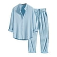 thumbnail image 1 of khonts,Men's 2 Piece Linen Sets Solid Color Long Sleeve Button Down Lapel Shirts and Long Pants Summer Casual Beach Outfits Blue L, 1 of 3