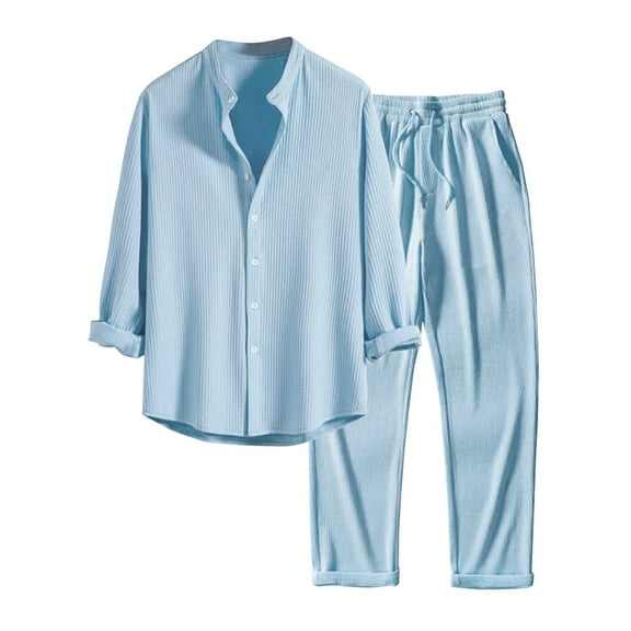 khonts,Men's 2 Piece Linen Sets Solid Color Long Sleeve Button Down Lapel Shirts and Long Pants Summer Casual Beach Outfits Blue S