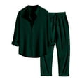 thumbnail image 1 of khonts,Men's 2 Piece Linen Sets Solid Color Long Sleeve Button Down Lapel Shirts and Long Pants Summer Casual Beach Outfits Green M, 1 of 3