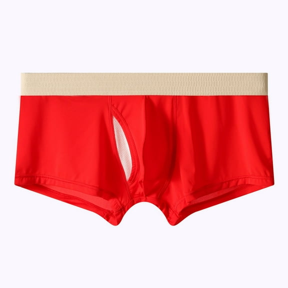 khonts,Men's Breathable Underpants Sexy Open Front Underwear Boxer Briefs Cut out Bikini Trunks Red L