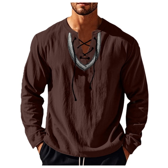 khonts,Men's Embroidered V-Neck Drawstring T Shirts Oversized Long Sleeve Tee Shirts Stylish Comfy Casual Tops Coffee XXL