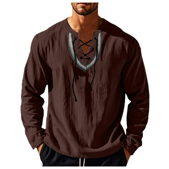 khonts,Men's Embroidered V-Neck Drawstring T Shirts Oversized Long Sleeve Tee Shirts Stylish Comfy Casual Tops Coffee XXXL