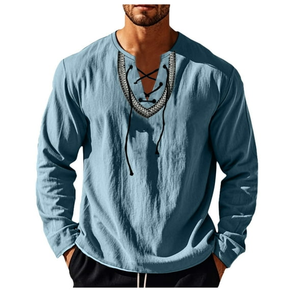khonts,Men's Embroidered V-Neck Drawstring T Shirts Oversized Long Sleeve Tee Shirts Stylish Comfy Casual Tops Light Blue XXL