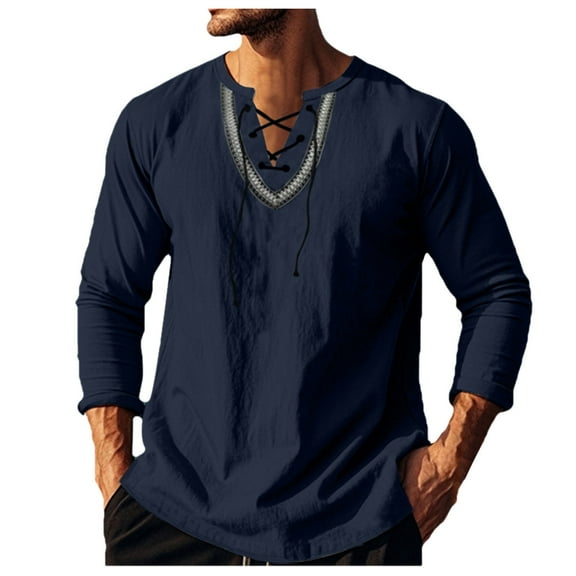 khonts,Men's Embroidered V-Neck Drawstring T Shirts Oversized Long Sleeve Tee Shirts Stylish Comfy Casual Tops Navy M