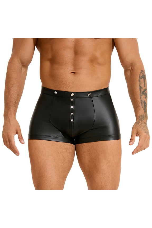 ,Men's Faux Leather Boxer Shorts with Punk Rivet Plus Size Briefs Black Sexy Underwear Panties Black L