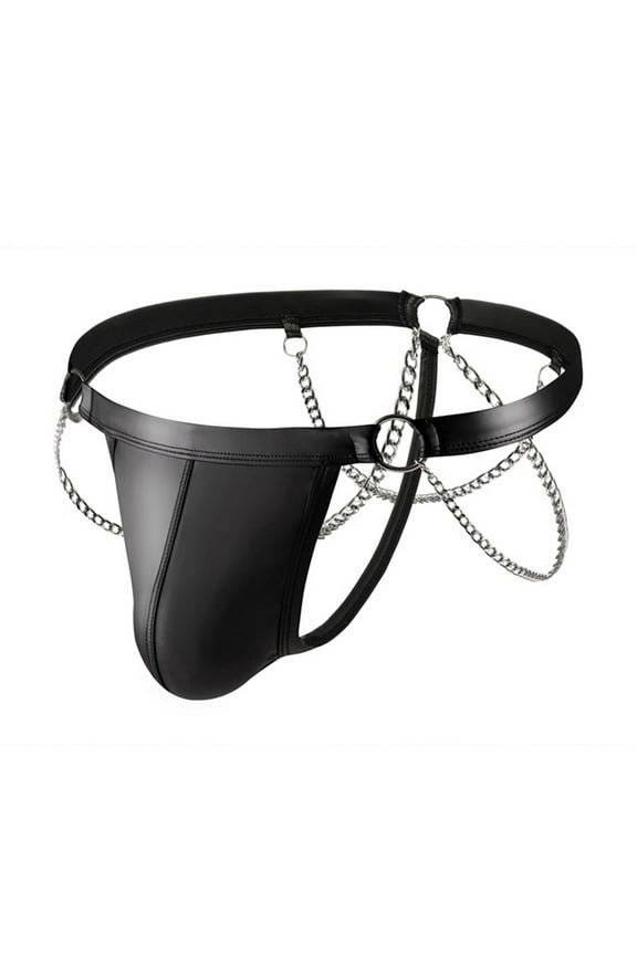 ,Men's Leather Thongs Exotic Chain Panties Sexy T-Back Underwear Black XXL