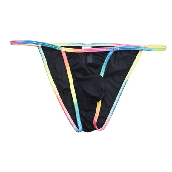 khonts,Men's Mesh Soft Breathable Low Waist Thong Rainbow Drawstring Sexy Briefs Black L
