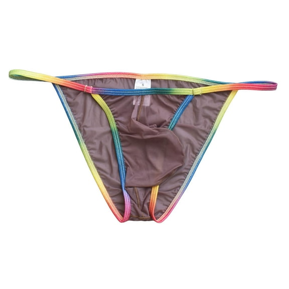khonts,Men's Mesh Soft Breathable Low Waist Thong Rainbow Drawstring Sexy Briefs Coffee S