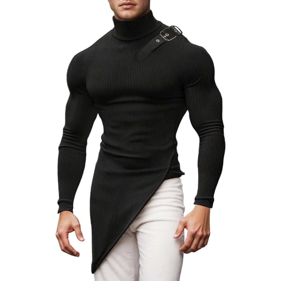 khonts,Men's Irregular Design Long Sleeve T-Shirt Slim Turtleneck Asymmetric Hem Slim Fitted Punk Tight Tops Black S