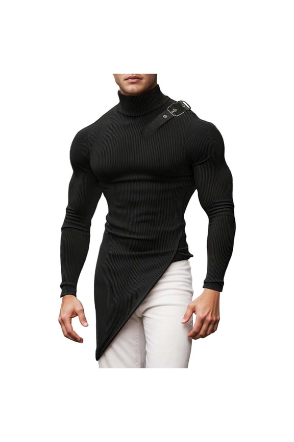 ,Men's Irregular Design Long Sleeve T-Shirt Slim Turtleneck Asymmetric Hem Slim Fitted Punk Tight Tops Black S