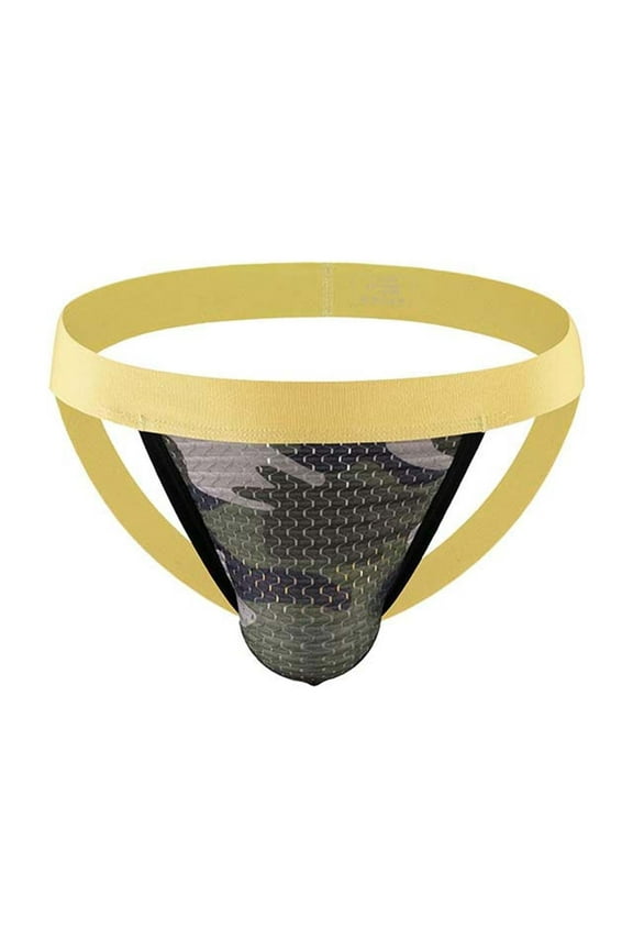 ,Men's Jock Strap Thongs Breathable Mesh Jockstraps Underwear Sexy Camo Athletic Supporter Underpants Yellow XXXL