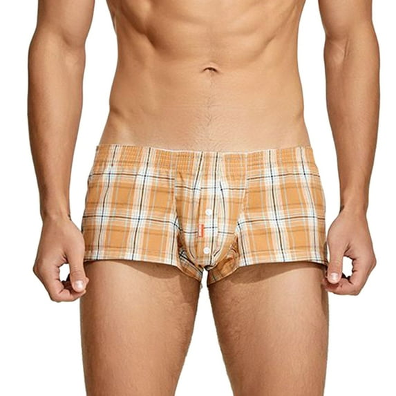 khonts,Men's Low Waist Boxers Shorts Relax Fit Stripe Underwear Loose Plaid Printed Underpants Yellow XXL