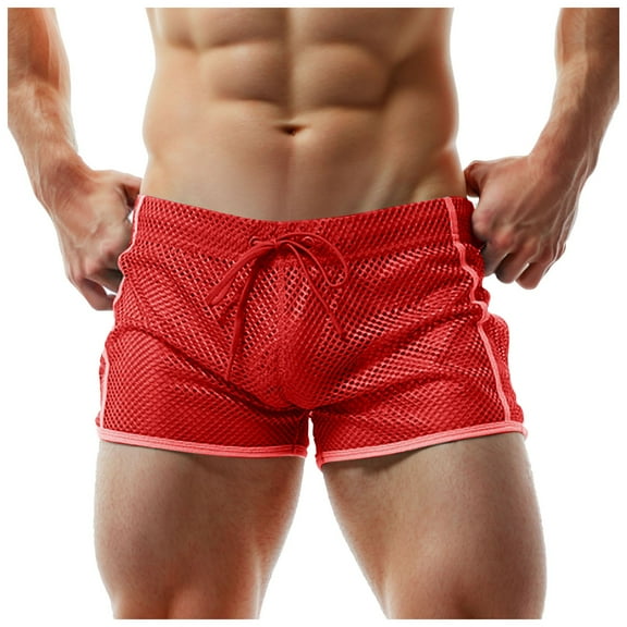 khonts,Men's Mesh Boxer Shorts Mesh Lounge Hollow Underwear Trunks Sexy Loose See Through Boxer Briefs Bottom Red M