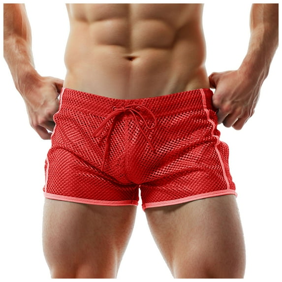 khonts,Men's Mesh Boxer Shorts Mesh Lounge Hollow Underwear Trunks Sexy Loose See Through Boxer Briefs Bottom Red XL