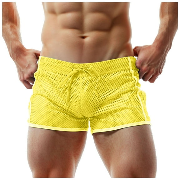 khonts,Men's Mesh Boxer Shorts Mesh Lounge Hollow Underwear Trunks Sexy Loose See Through Boxer Briefs Bottom Yellow XL