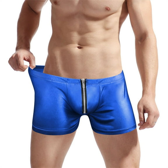 khonts,Men's Metallic Shiny Boxer Briefs Sexy U Pouch Crotch Underwear Low Rise Zipper Underpants Blue One Size