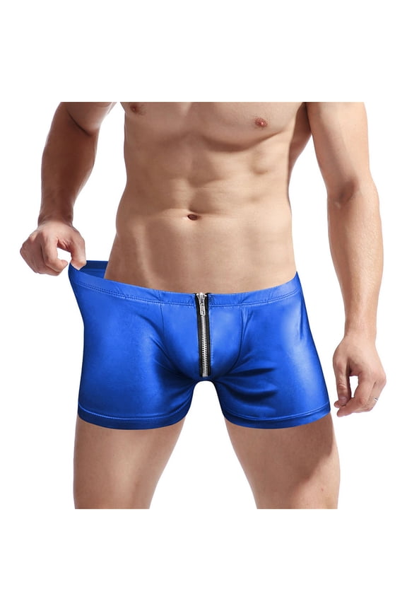 ,Men's Metallic Shiny Boxer Briefs Sexy U Pouch Crotch Underwear Low Rise Zipper Underpants Blue One Size