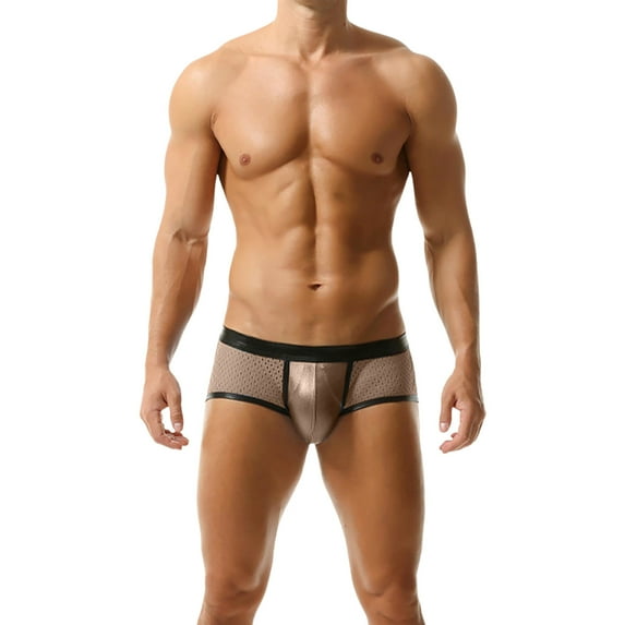 khonts,Men's Sexy Boxer Briefs Low Rise Metallic Underwear Pouch Trunks Breathable Mesh Underpants Coffee M