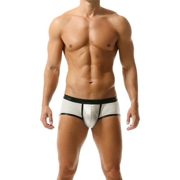 khonts,Men's Sexy Boxer Briefs Low Rise Metallic Underwear Pouch Trunks Breathable Mesh Underpants White XL