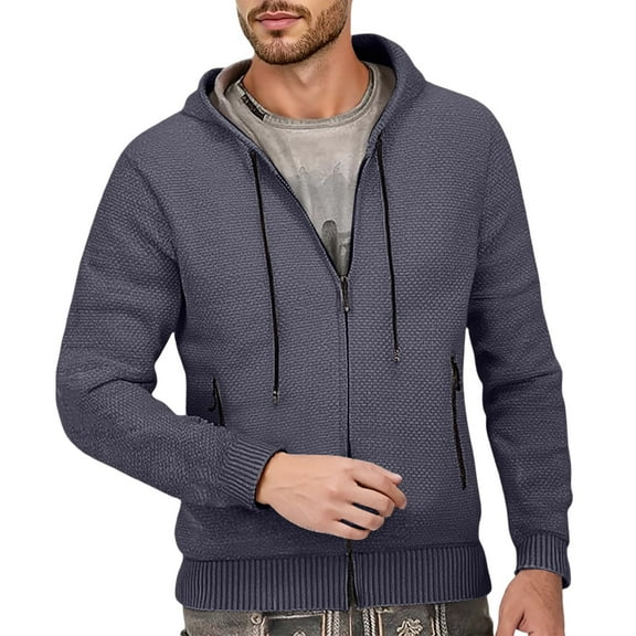 khonts,Men's Solid Color Knit Hoodies Thickened Warm Hooded Sweater Solid Color Zipper Cardigan Jacket Grey XXXL