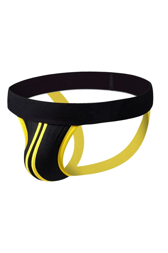 ,Men's Thongs Color Blocking Jockstrap Athletic Supporters Briefs Wide Belt Sexy Breathable Sport Underpants Yellow L