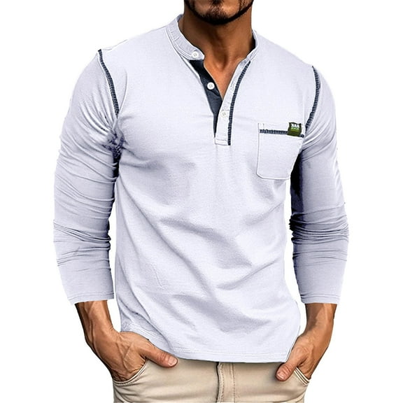 khonts,Men's V-Neck Splicing Button up T Shirts Plus Size Long Sleeve Loose Fit Tee Shirts Casual Stylish Tops with Pocket White L