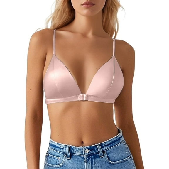 khonts Satin Front Hook Closure Bras for Women Triangle Thin Pad Soft Bra Wireless Spaghetti Strap Bralette Pink M
