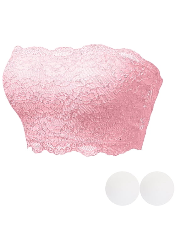 ,Women Bandeau Crop Tube Top Floral Lace Strapless Full-Coverage Wireless Bra Padded Tanks RD1 M